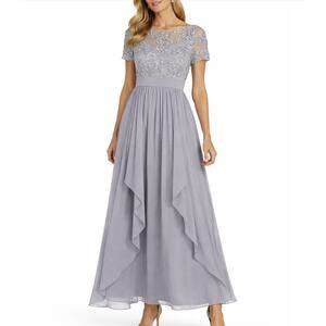 R&M Richards Size 10 NWT Silver Soutache Cascade Floor Length Evening Gown Maxi